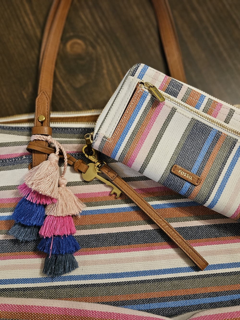 Fossil Multistripe Canvas Tote and Wristlet in Blue, Pink, Tan, Cream, Gray
